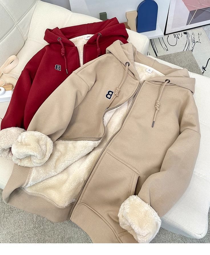 Cafamo - Fleecegevoerde hoodie met rits en tekst
