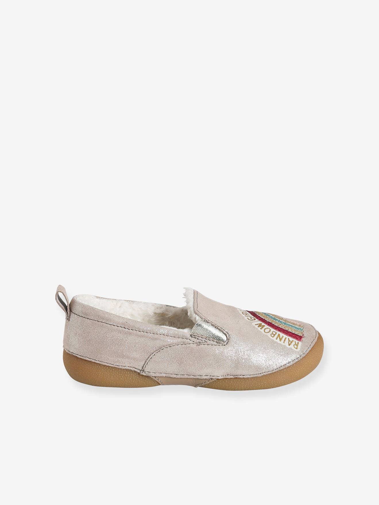 Pantufas de couro com forro e elástico, para meninas, bege metálico claro