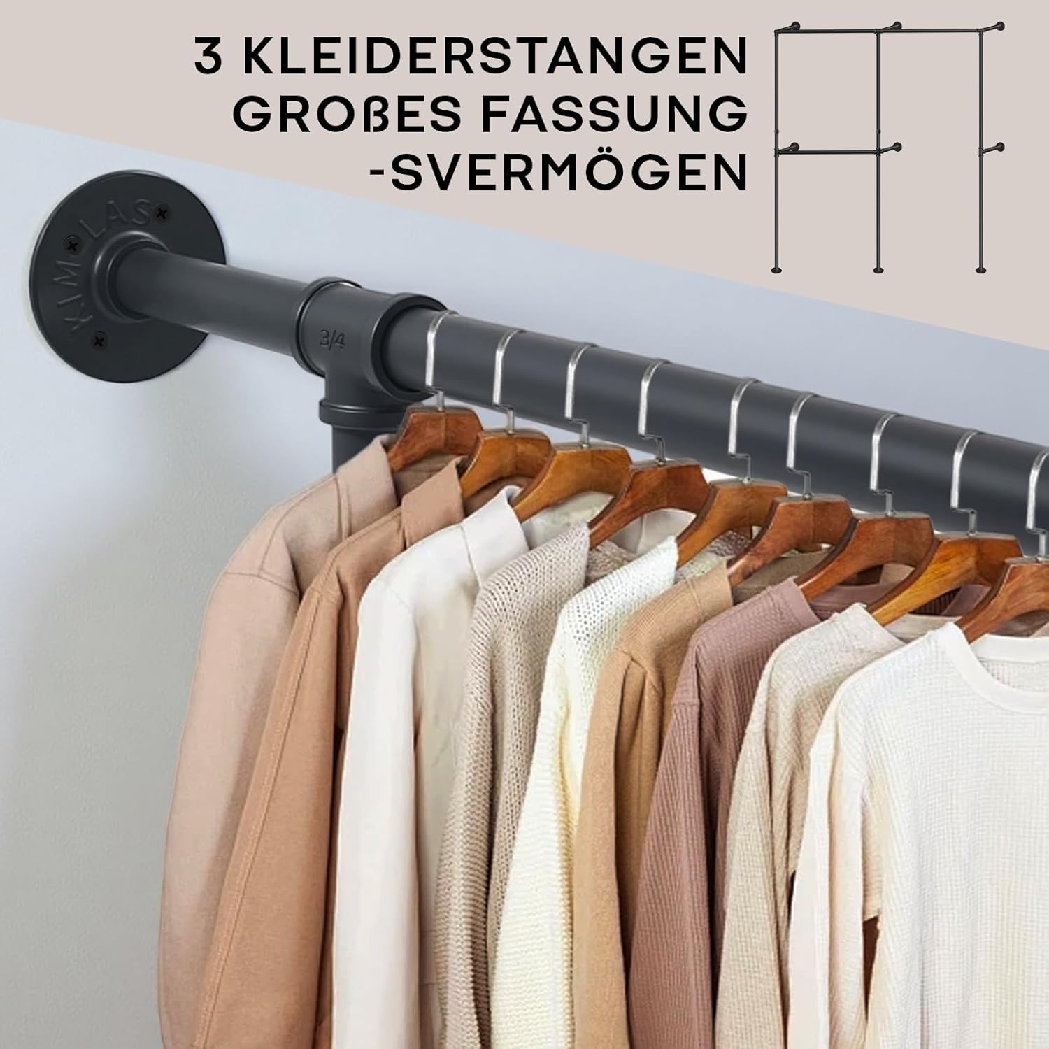 Offener Kleiderstange Wandmontage 300kg Traglast, Begehbarer Kleiderschrank mit 3 Kleiderstangen, 210cm x 180cm Industrial Kleiderschrank oder Kleiderständer Schwarz aus Metall Wasserrohren