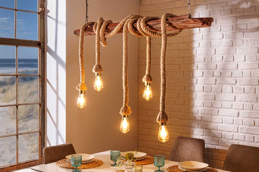 Maritime Hängeleuchte SEVEN SEAS 110cm Massivholz Seil Deckenlampe 5 Leuchten