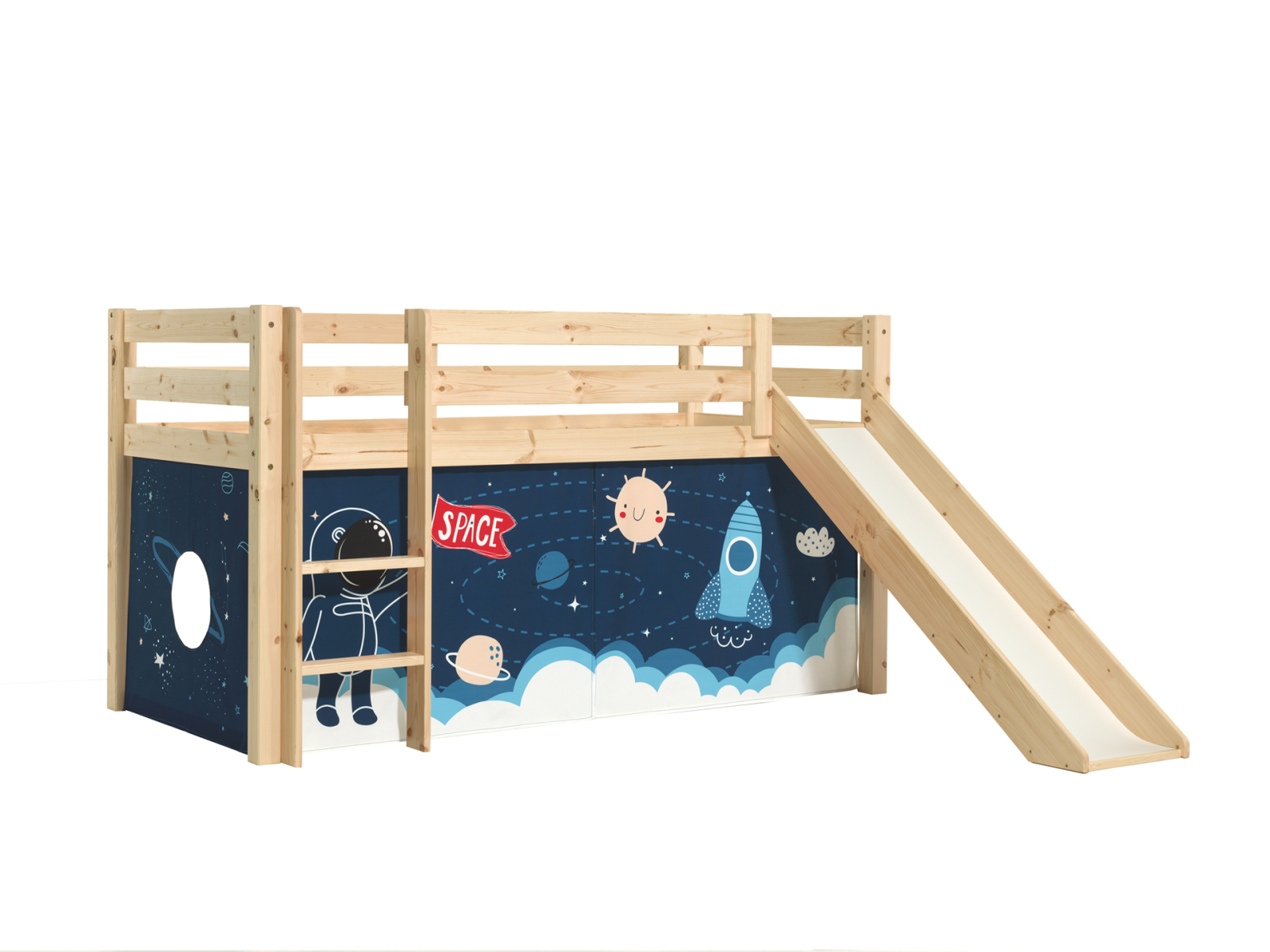 Halbhochbett PINO - SPACE SHUTTLE - Kiefer natur Massivholz - mit Rutsche - 90x200 cm