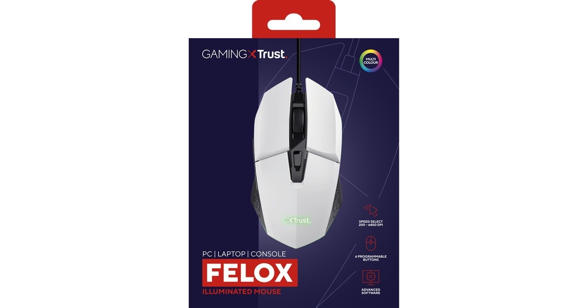 TrustGXT 109W Felox verlichte gaming muis  (Wit, RGB | 200 - 6400 dpi)