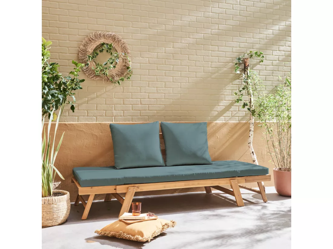 Banquette de jardin kaki 2/3 places JALANCE. accoudoirs modulables 155/200x72x74.5cm