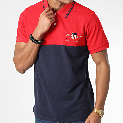 Polo Manches Courtes Archive Shield Block Rouge Bleu Marine