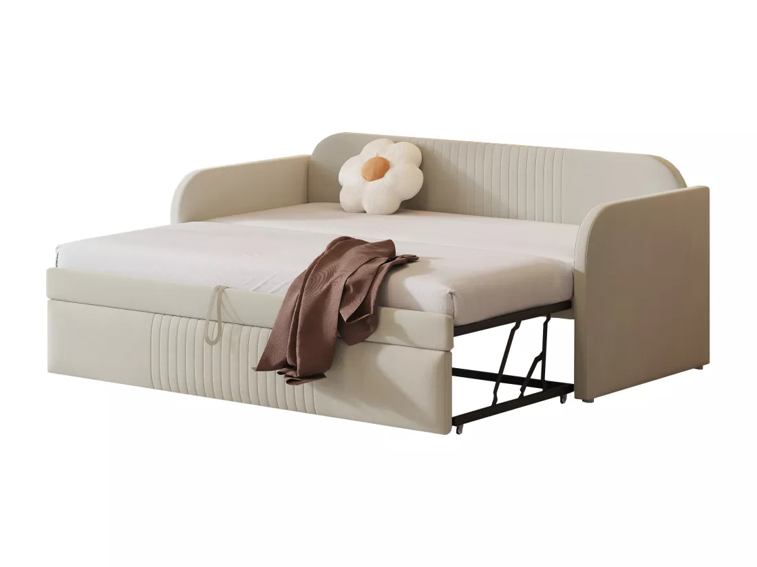 Lit gigogne 90/180x190 cm - lit canapé en tissu lin - avec sommier à lattes - Beige