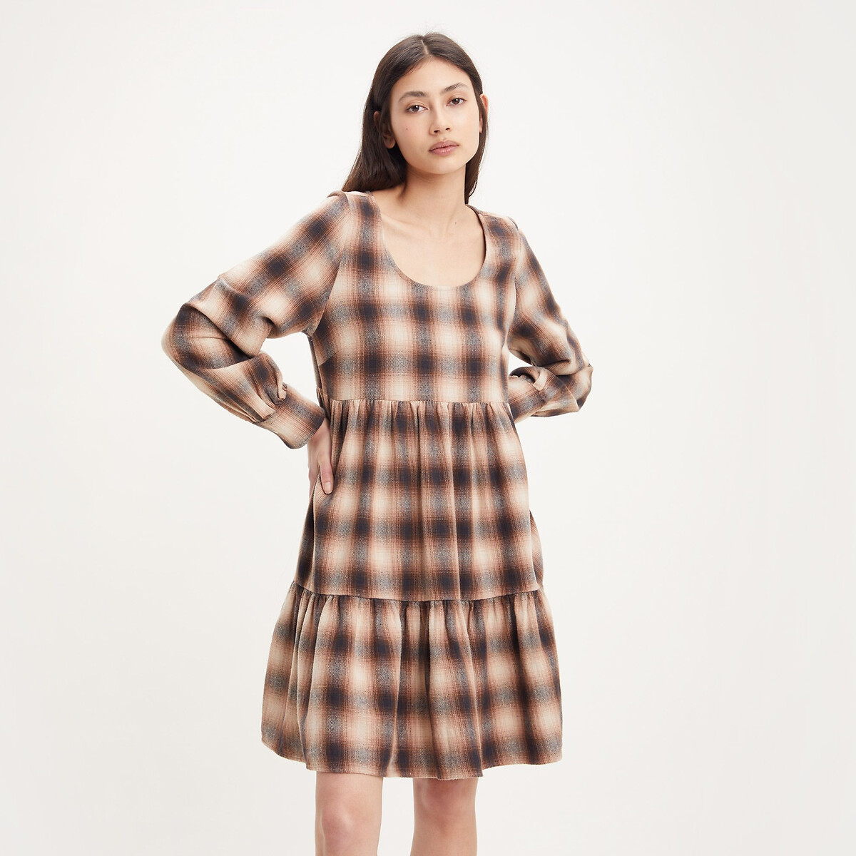 LEVI'S<br>Vestido curto xadrez com decote redondo e mangas compridas