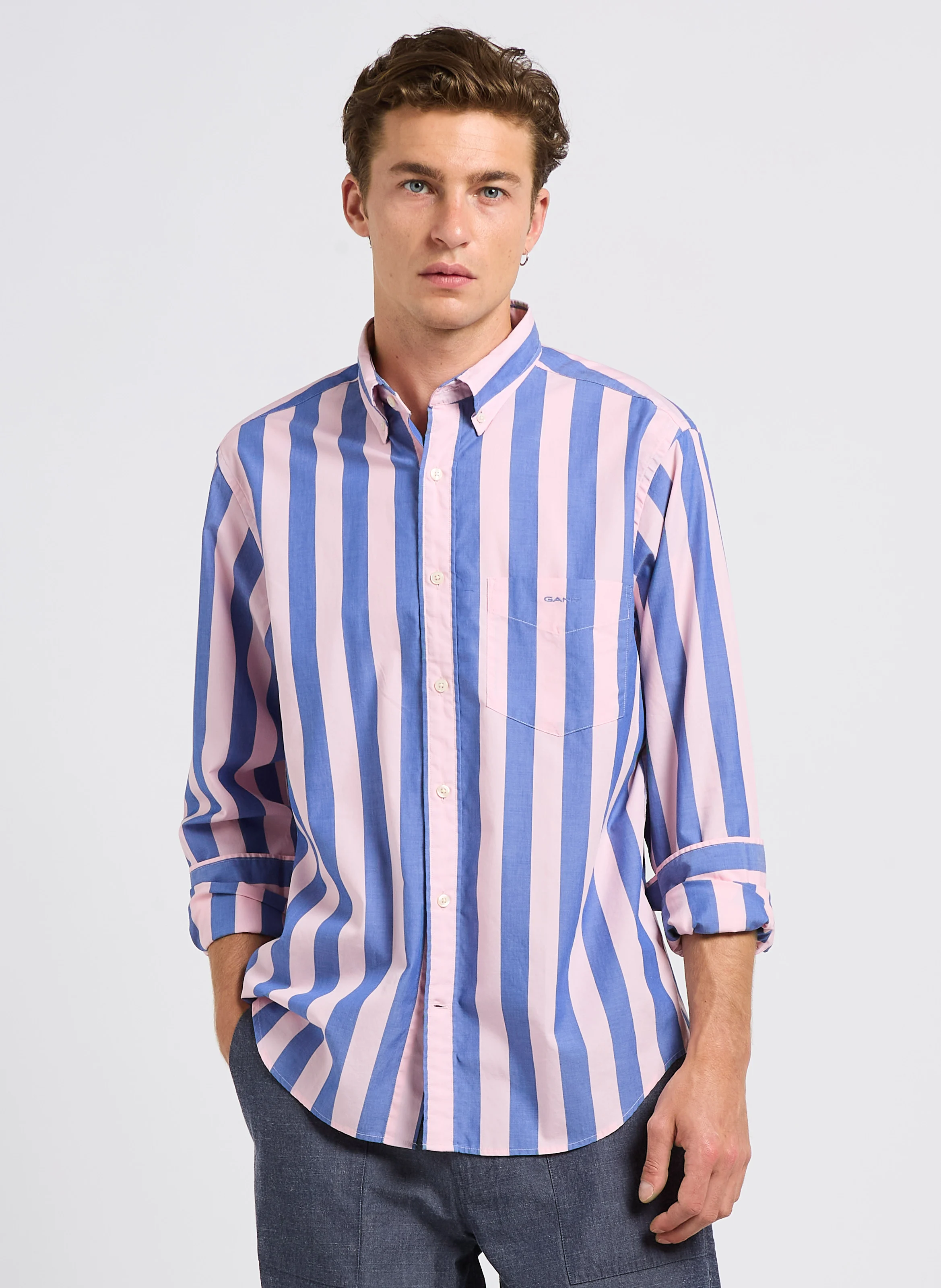 Chemise col classique en coton rayé | Rose
