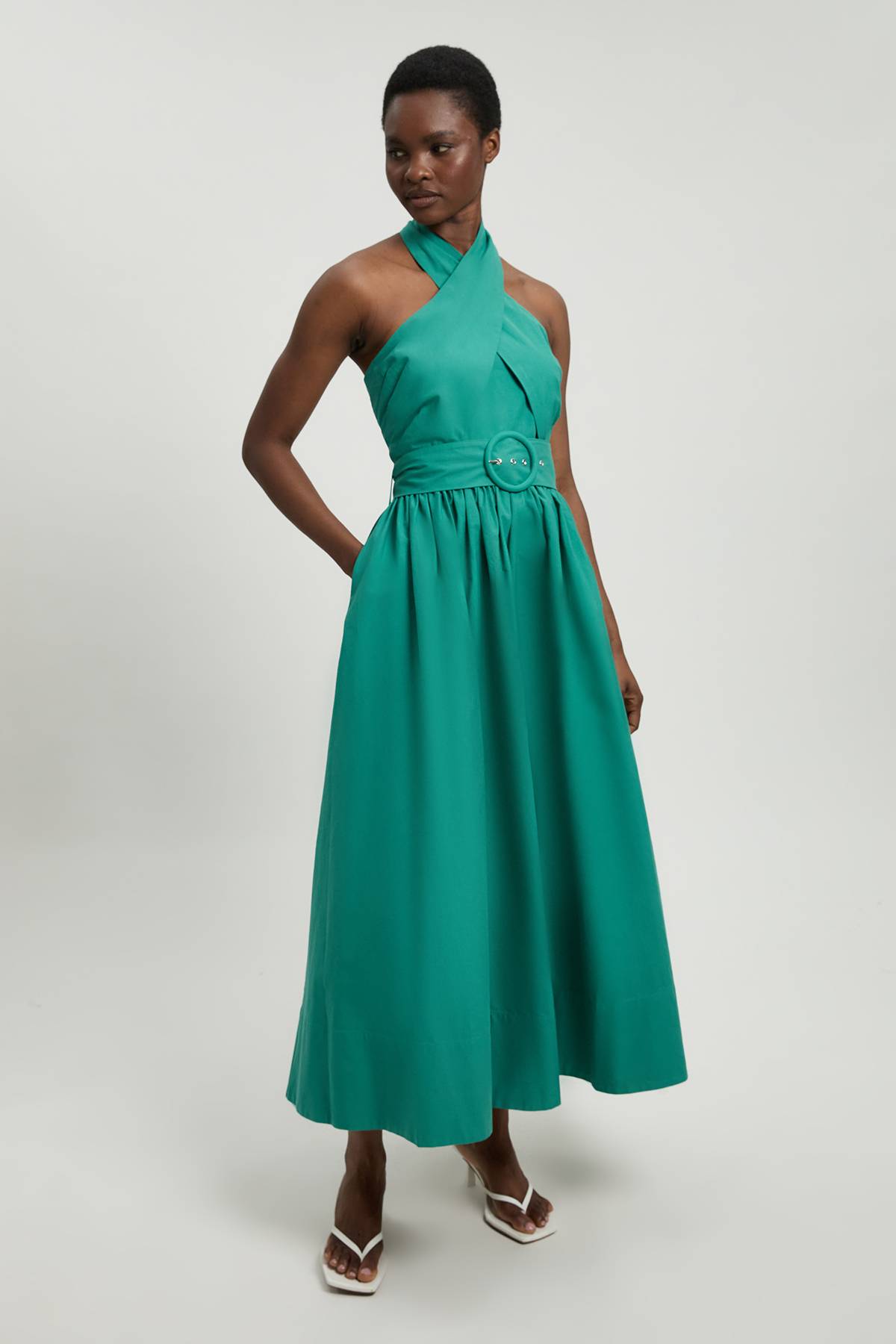 KarenMillen Robe Midi Tissée En Popeline De Coton Avec Encolure Licou Croisée
