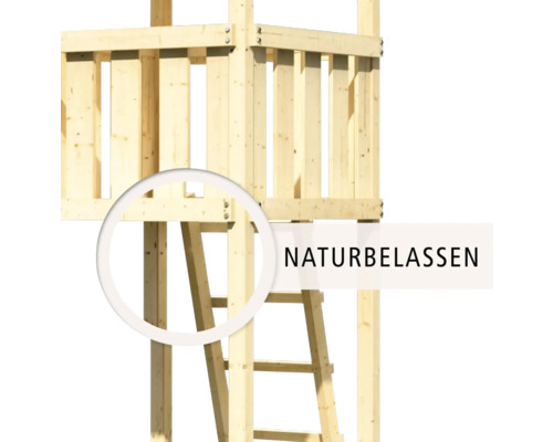 Speeltoren/speelhuis Karibu Leeuwenhart, 107 x 107 cm, van hout, bestaande uit glijbaan, aanbouw en klimwand, blauw