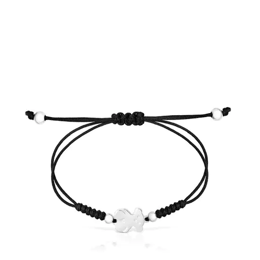 Pulseira Sweet Dolls com urso prateado e cordão preto.