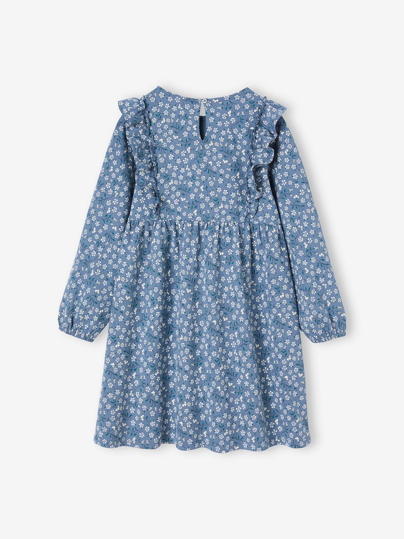 Vestido azul-acinzentado com estampa floral e mangas com babados para meninas