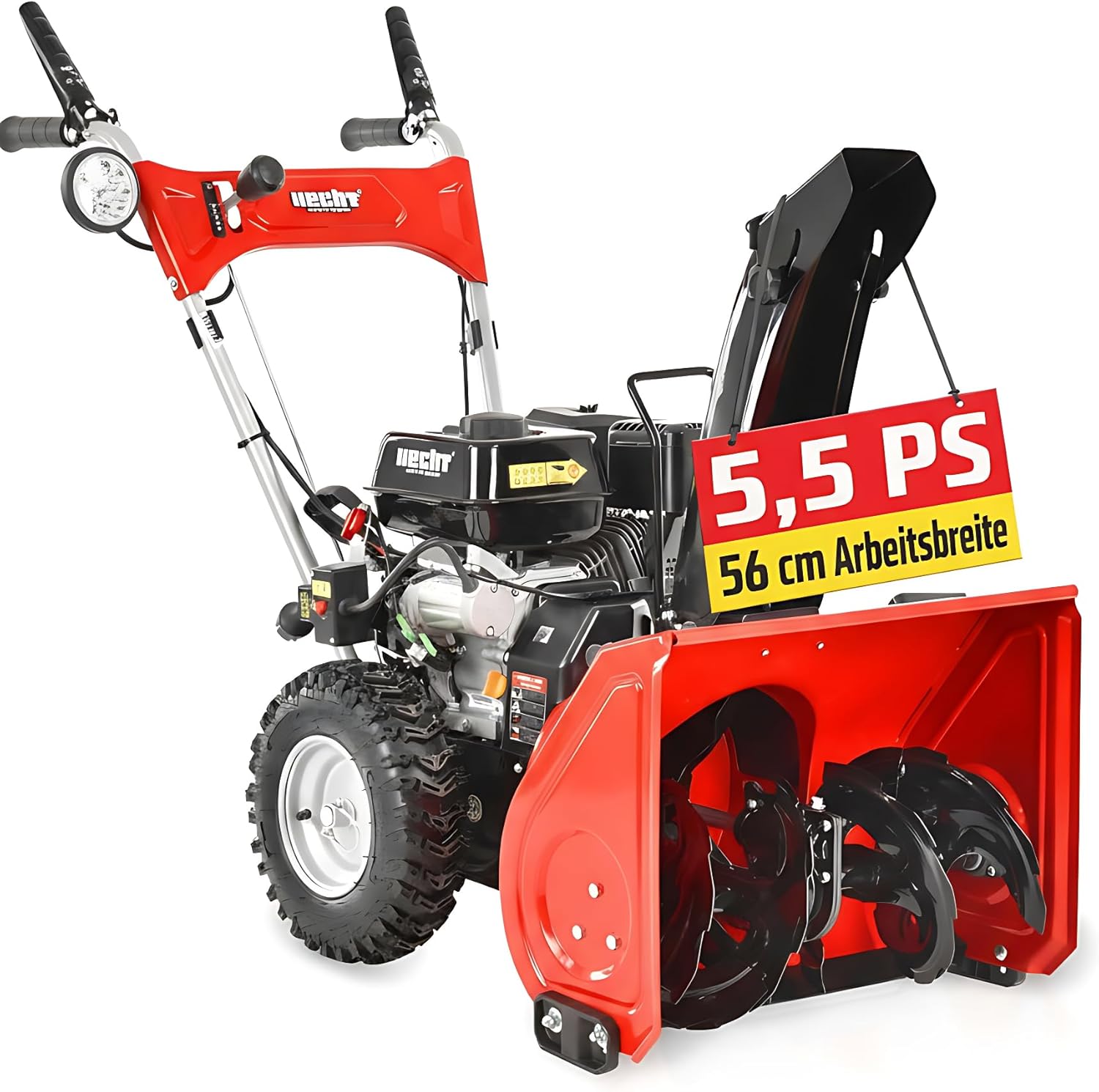 HECHT Schneefräse Benzin – 56 cm Arbeitsbreite – 2-stufig – 40 cm Arbeitshöhe – 11 m Auswurfweite – mit E-Start, 6-Vorwärts- & 2-Rückwärtsgänge, LED-Scheinwerfer