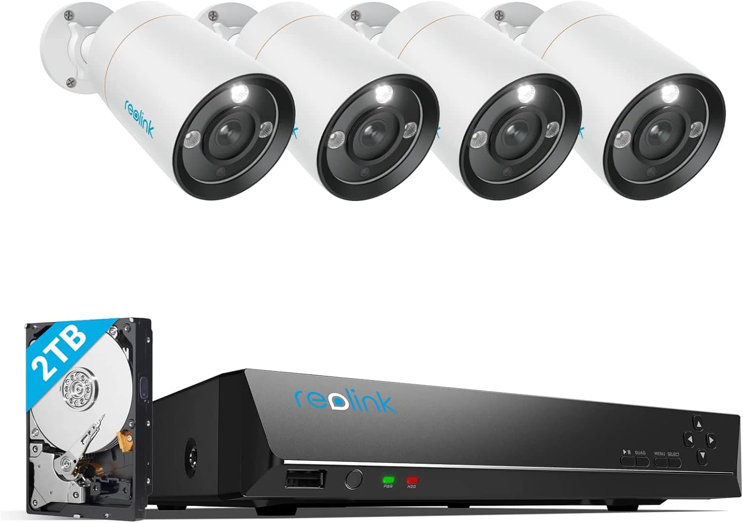 Reolink 12MP Überwachungskamera Set Aussen, 4X PoE IP Kamera Outdoor Innen, Spotlights, Personen-/Fahrzeugerkennung, 2-Wege-Audio, 24/7 Aufnahme, Farb-/IR-Nachtsicht, 8CH 2TB HDD NVR, RLK8-1200B4-A