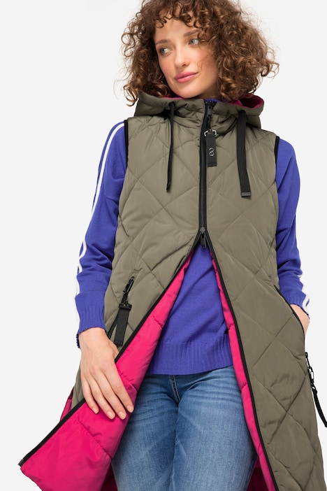 Wende-Weste, lange Form, Stepp, Kapuze, 2-Wege-Zipper