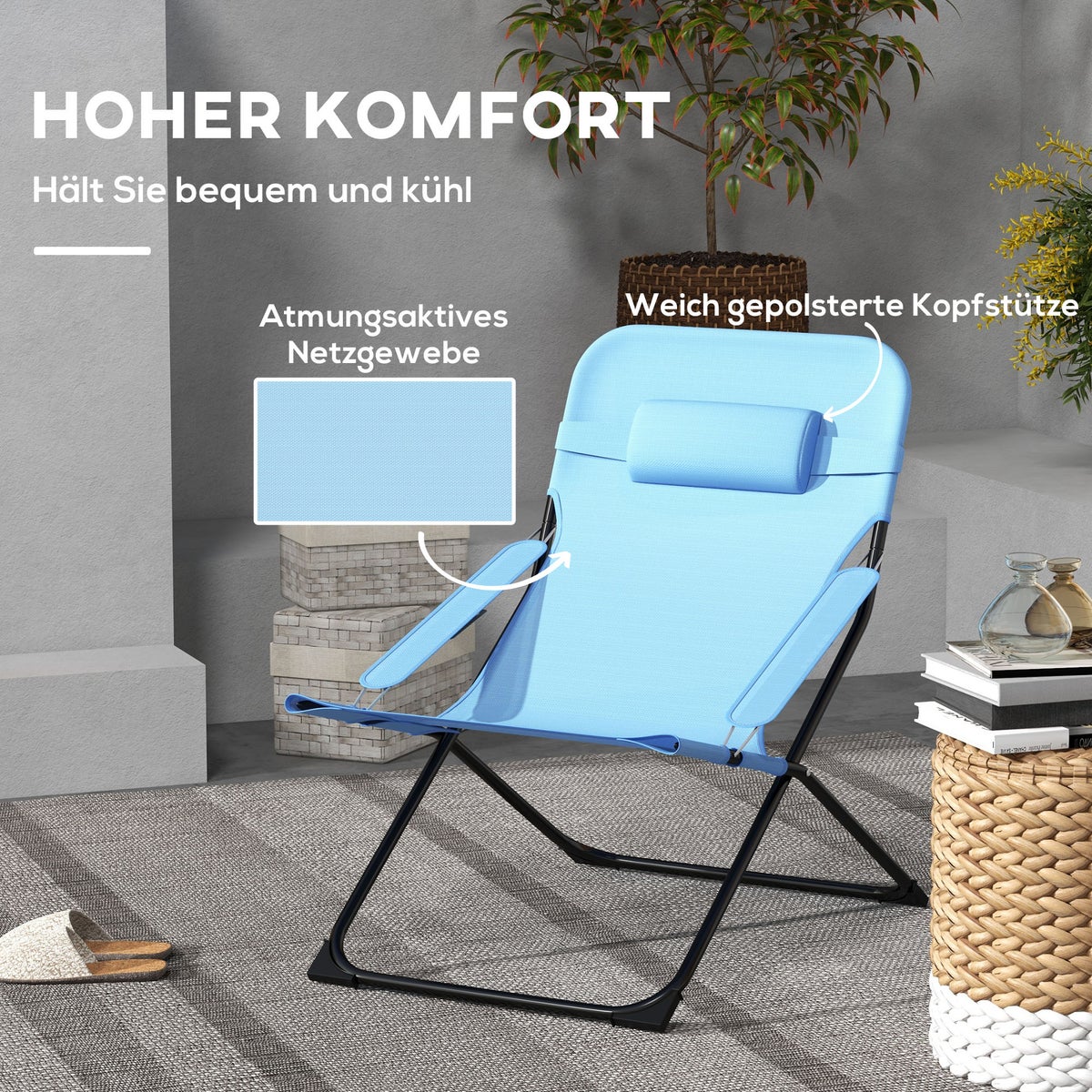 Outsunny Vouwstoel, Tuinstoel met Verstelbare Rugleuning en Hoofdsteun, Draagt tot 120 kg, 69L x 91B x 96H cm, Mesh, Blauw