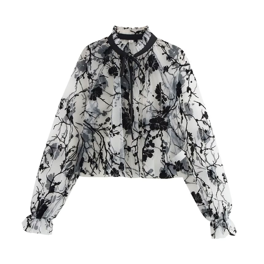 Avauntgardo - Blouse met lange mouwen, opstaande kraag, bloemenprint en doorschijnende strik aan de voorkant