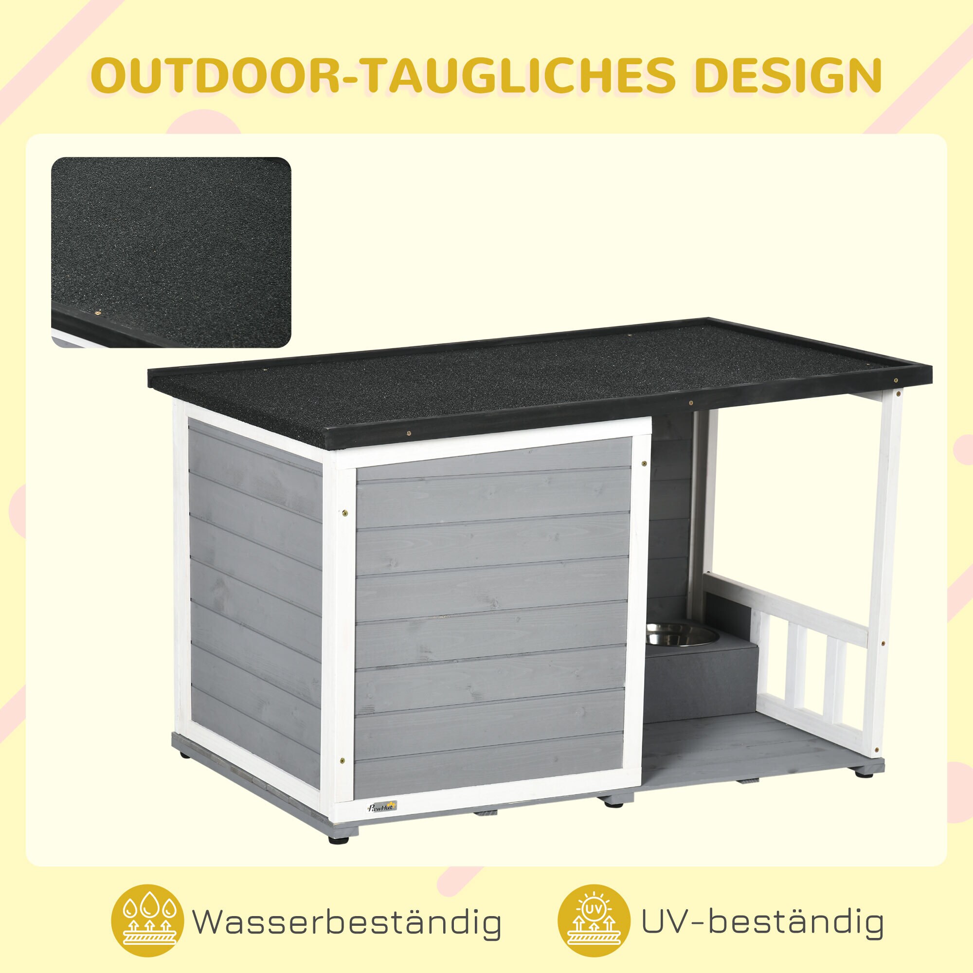 PawHut Hundehütte mit Fressnäpfen grau, weiß 103L x 62B x 66H cm
