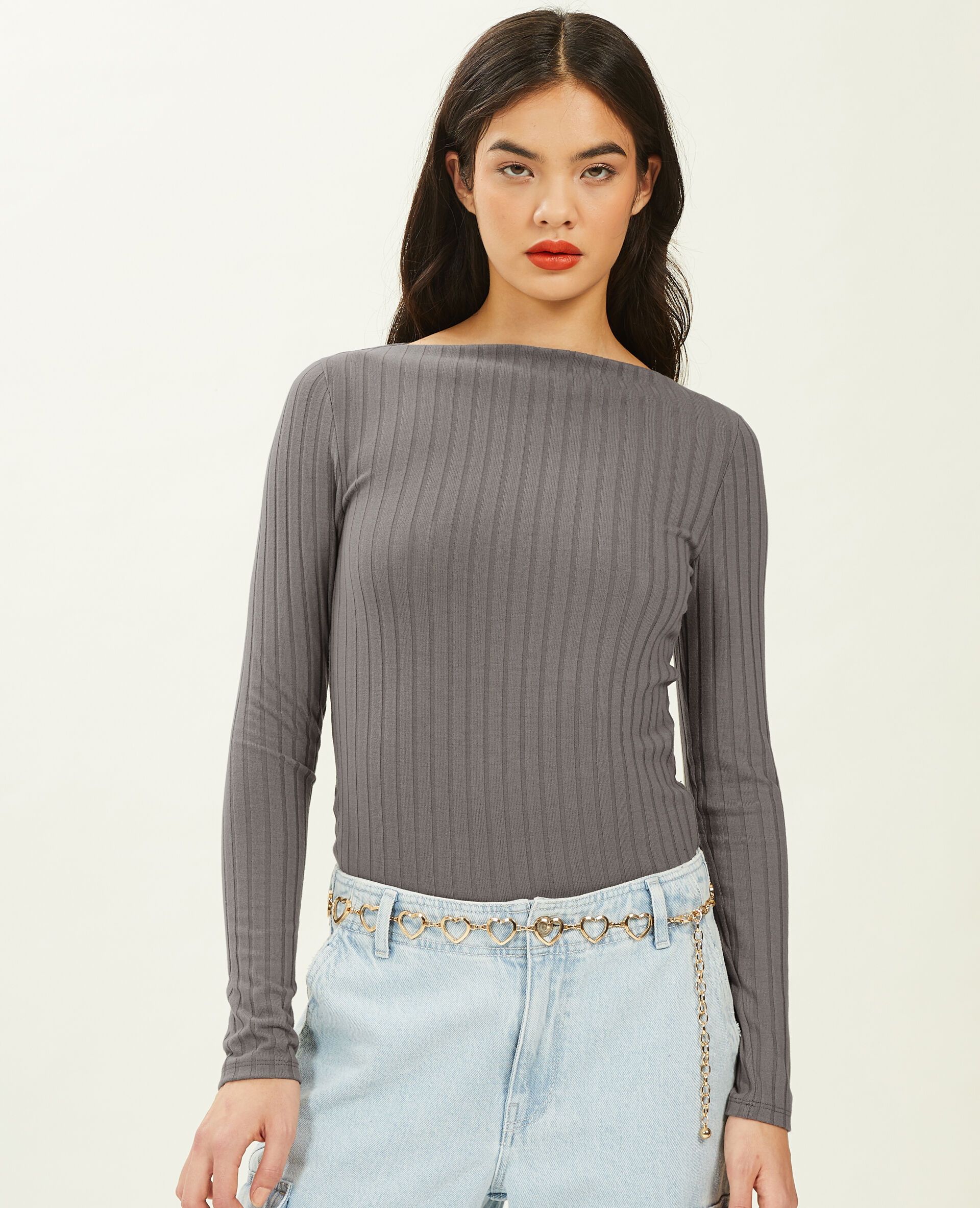 Top encolure bateau en maille côtelée - Gris foncé