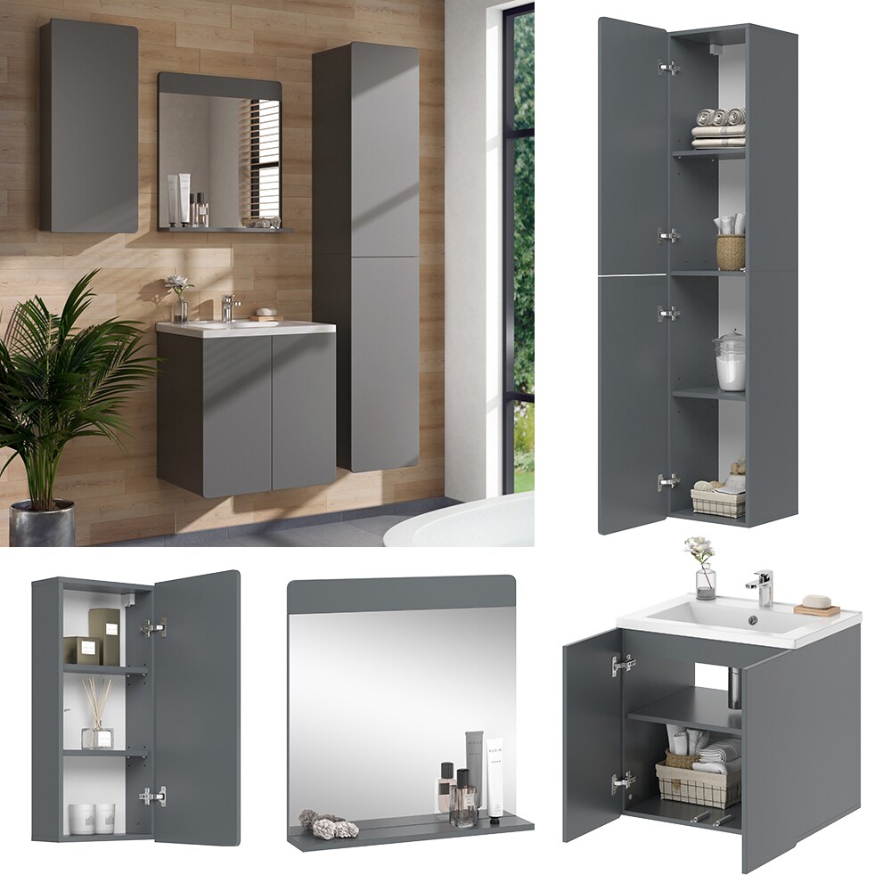 Vicco Badmöbel-Set Izan Grau modern Waschtischunterschrank Waschbecken Badspiegel Hängeschrank Hochschrank