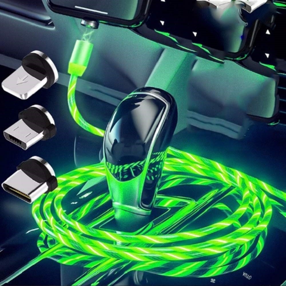 (1m) 2.4A 3in1 Magnetisches Ladekabel LED Leuchtendes Datenkabel Apple Lightning / Micro USB / USB C - Grün