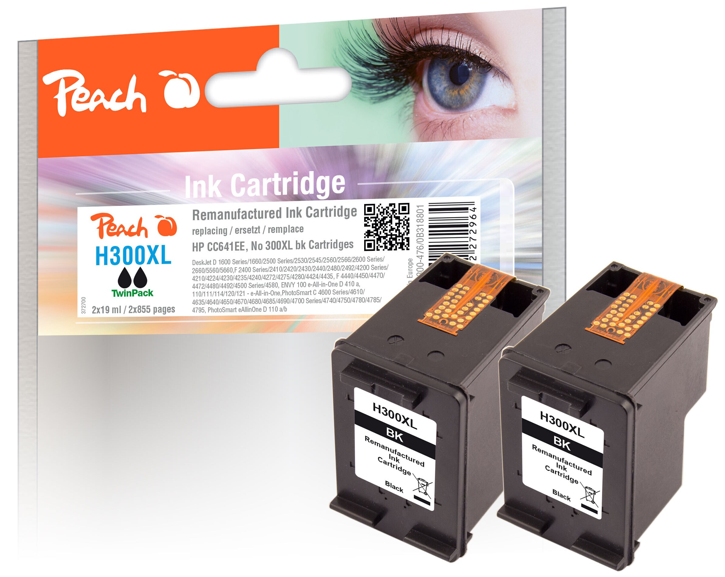 Peach HP 300 XLbk 2 Druckköpfe XL 2*bk ersetzt HP No. 300XL bk*2, D8J43AE für z.B. HP DeskJet F 4224, HP DeskJet D 1600, HP DeskJet D 1658, HP Envy 110 (wiederaufbereitet)