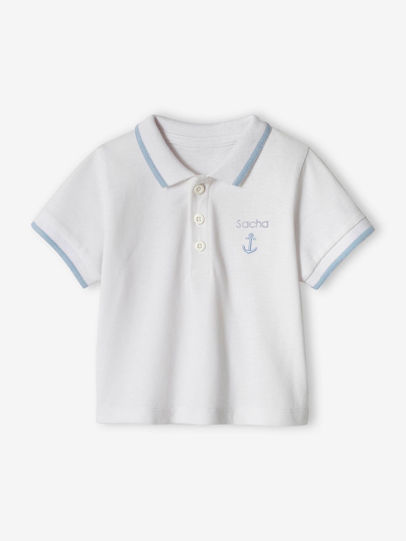 Camisa polo personalizável para bebê menino com bordado liso azul escuro no peito.