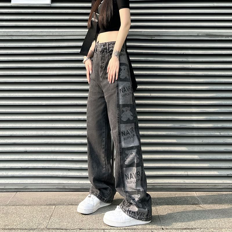 LINSI - Baggy jeans met hoge taille en grafische print