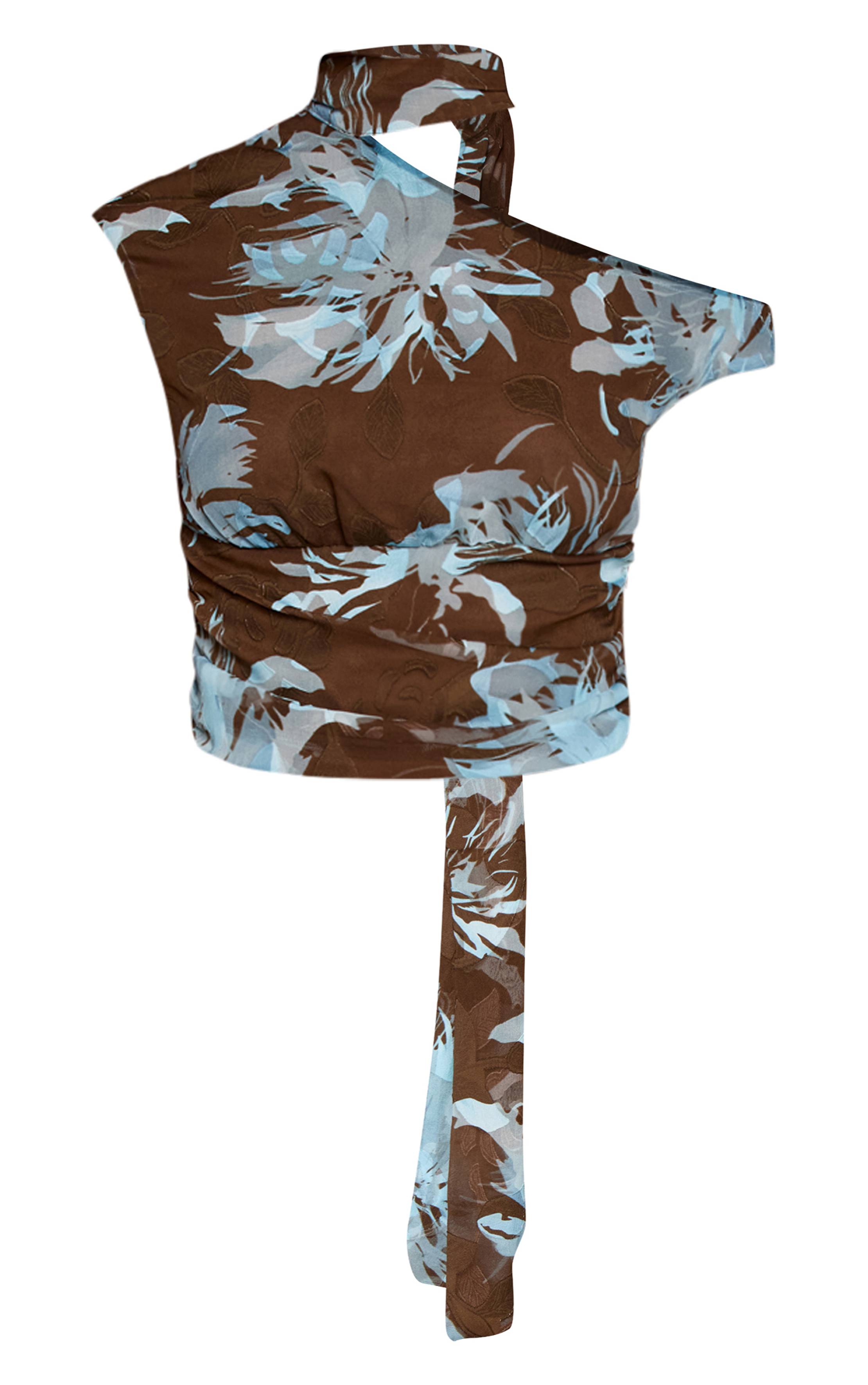 Bleu Ensemble Crop Top En Mousseline Dévorée Florale Avec Lien Au Cou
