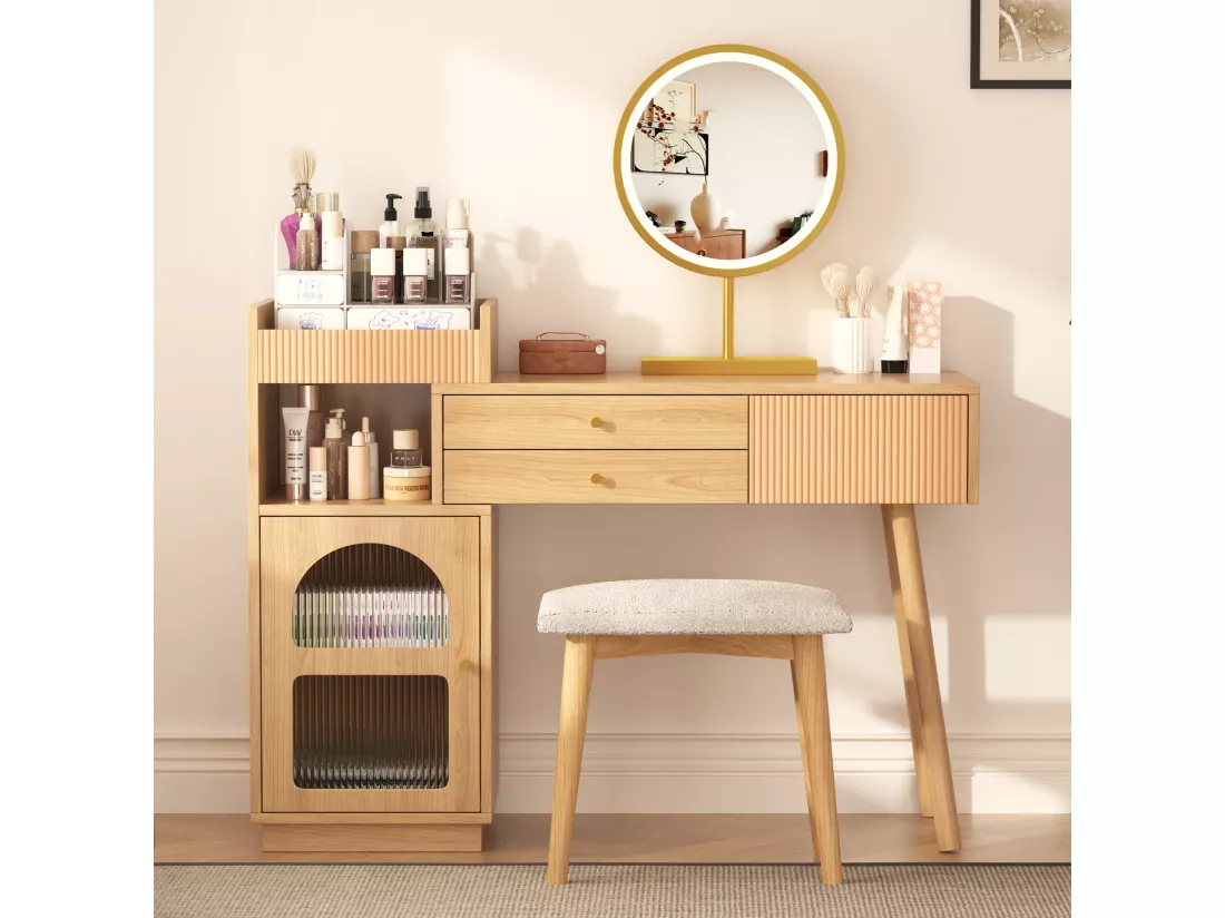 Coiffeuse avec miroir à LEDs avec 3 tiroirs et armoire latérale - Panneaux de particules - Coloris naturel