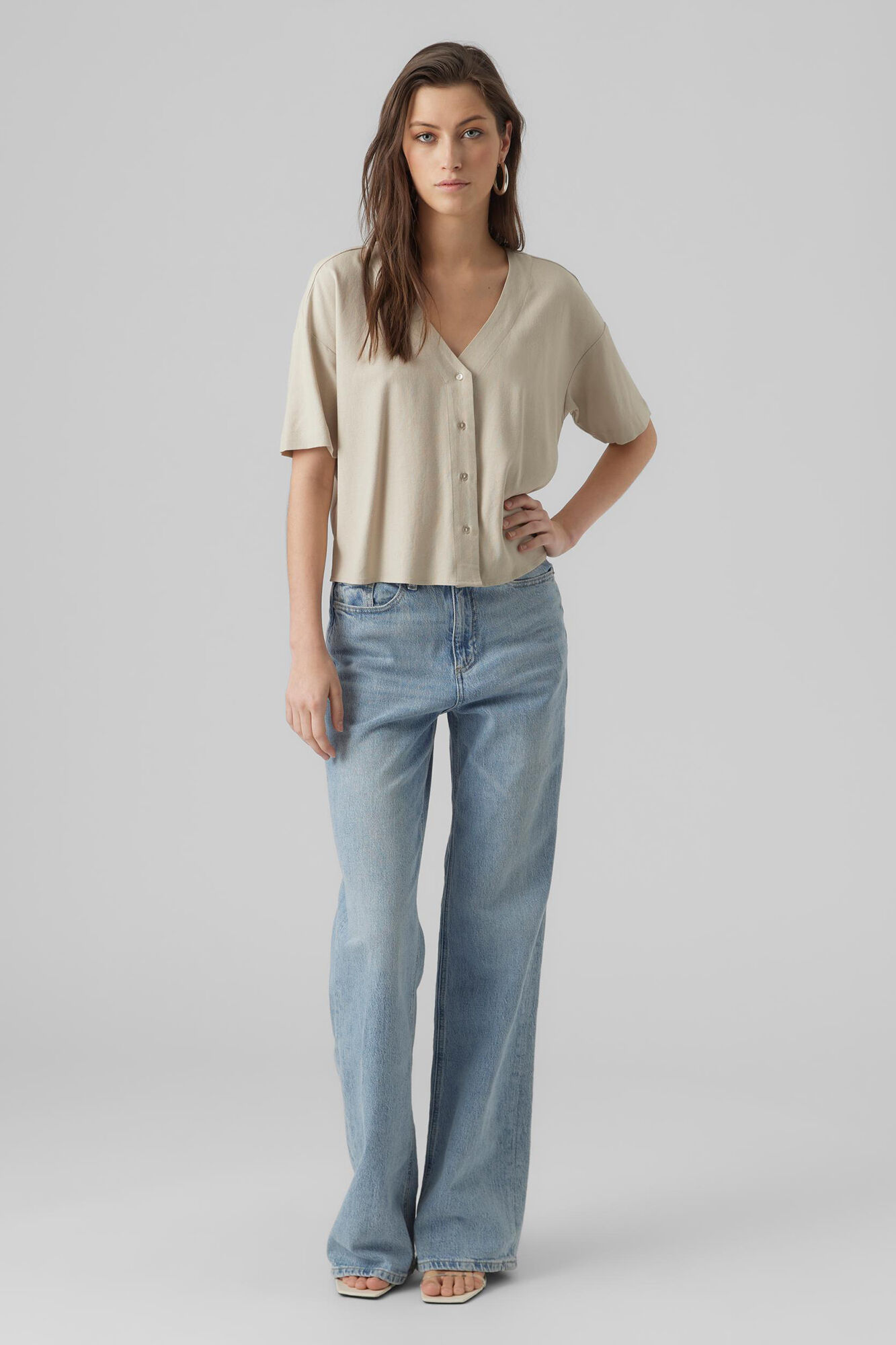 Blusa de linho de manga curta - Cinza