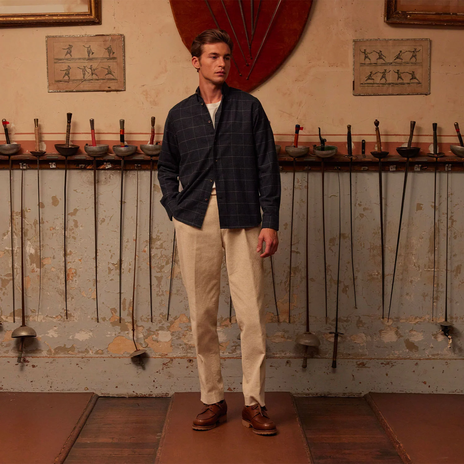 Blue cotton and cashmere flannel shirt with gray checks