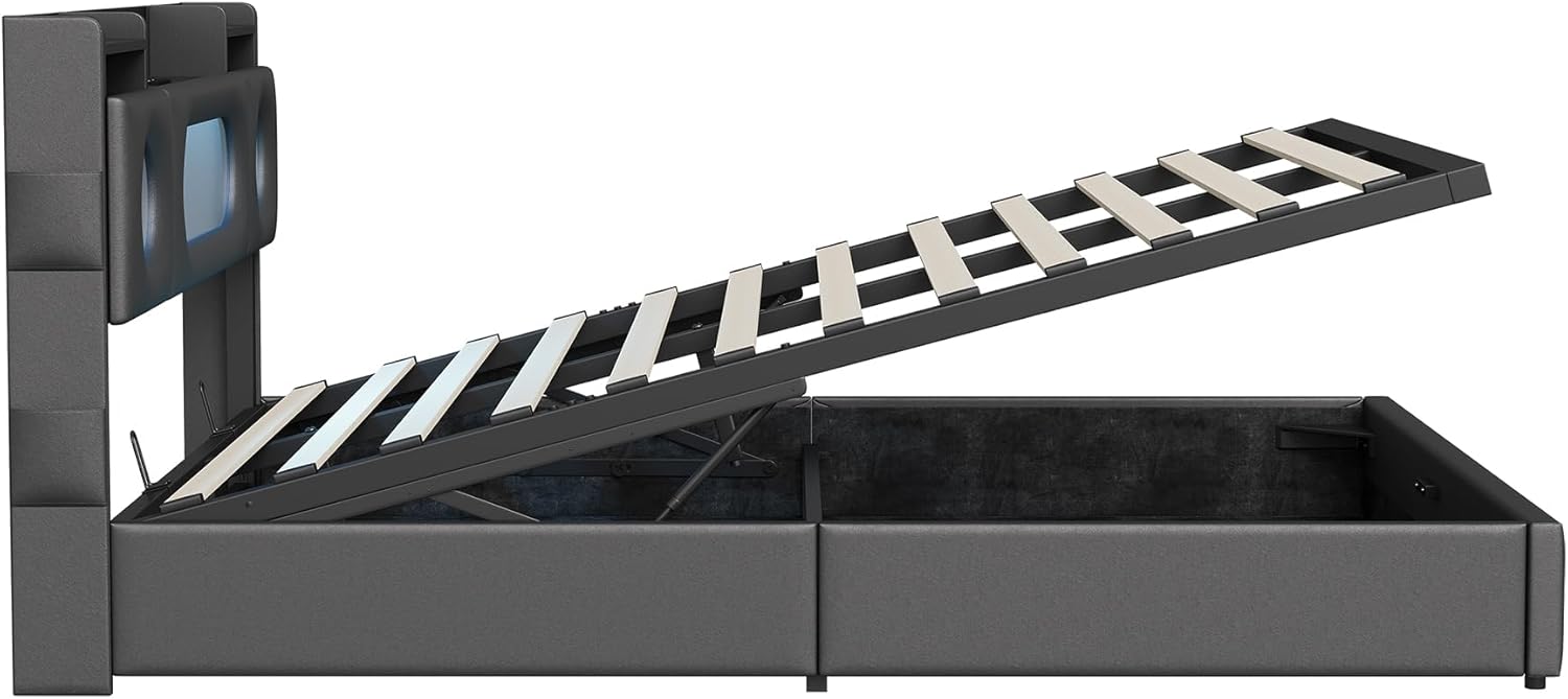 Polsterbett Doppelbett 140x200 cm, Hydraulisches Bett 140x200 mit Bettkasten und Lattenrost, Staufach-Kopfteil mit LED und USB Ladestation, Stauraumbett Funktionsbett aus Massivholz und PU