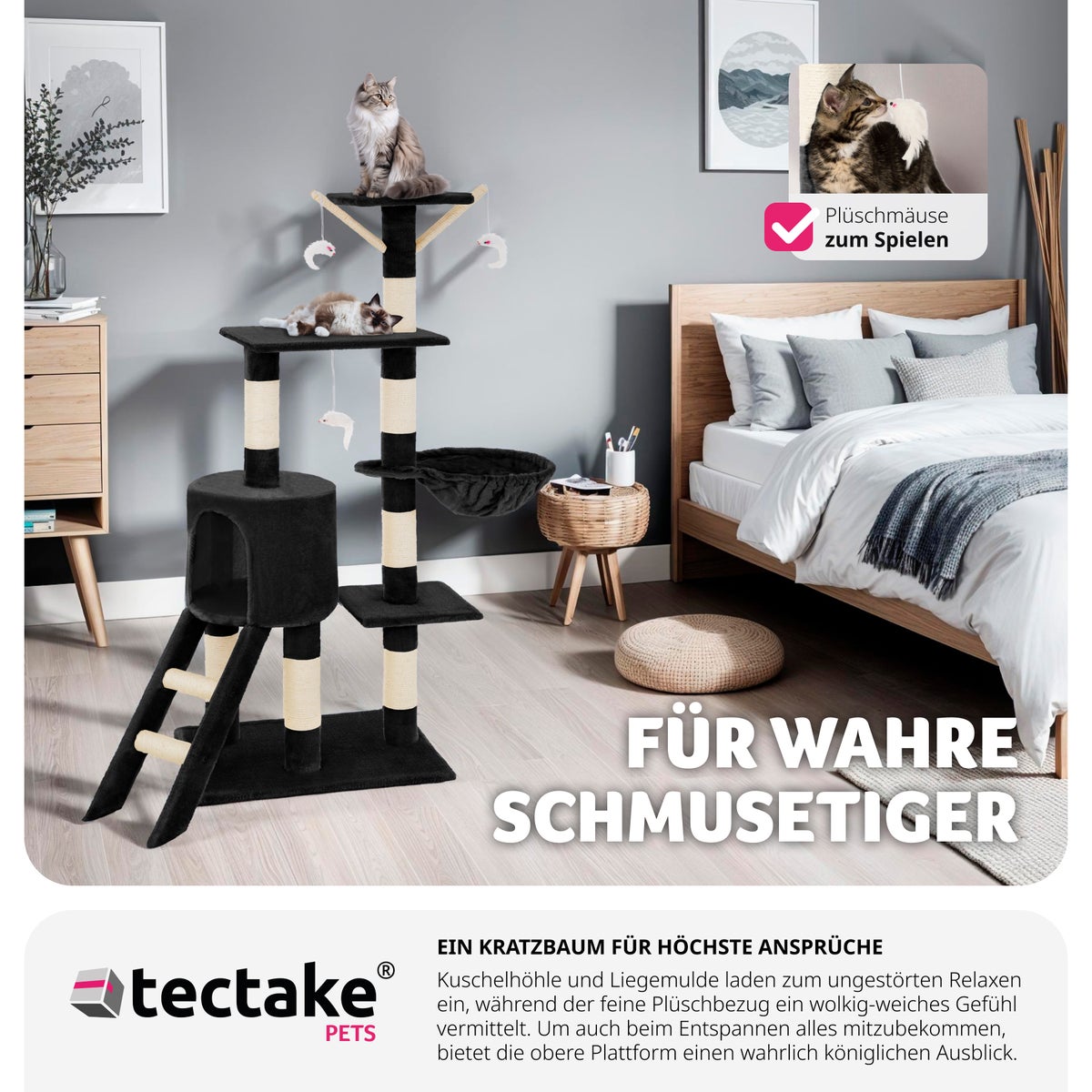 tectake Dominik krabpaal 144 cm inclusief trap, 3 speelgoedmuizen en kantelbeveiliging