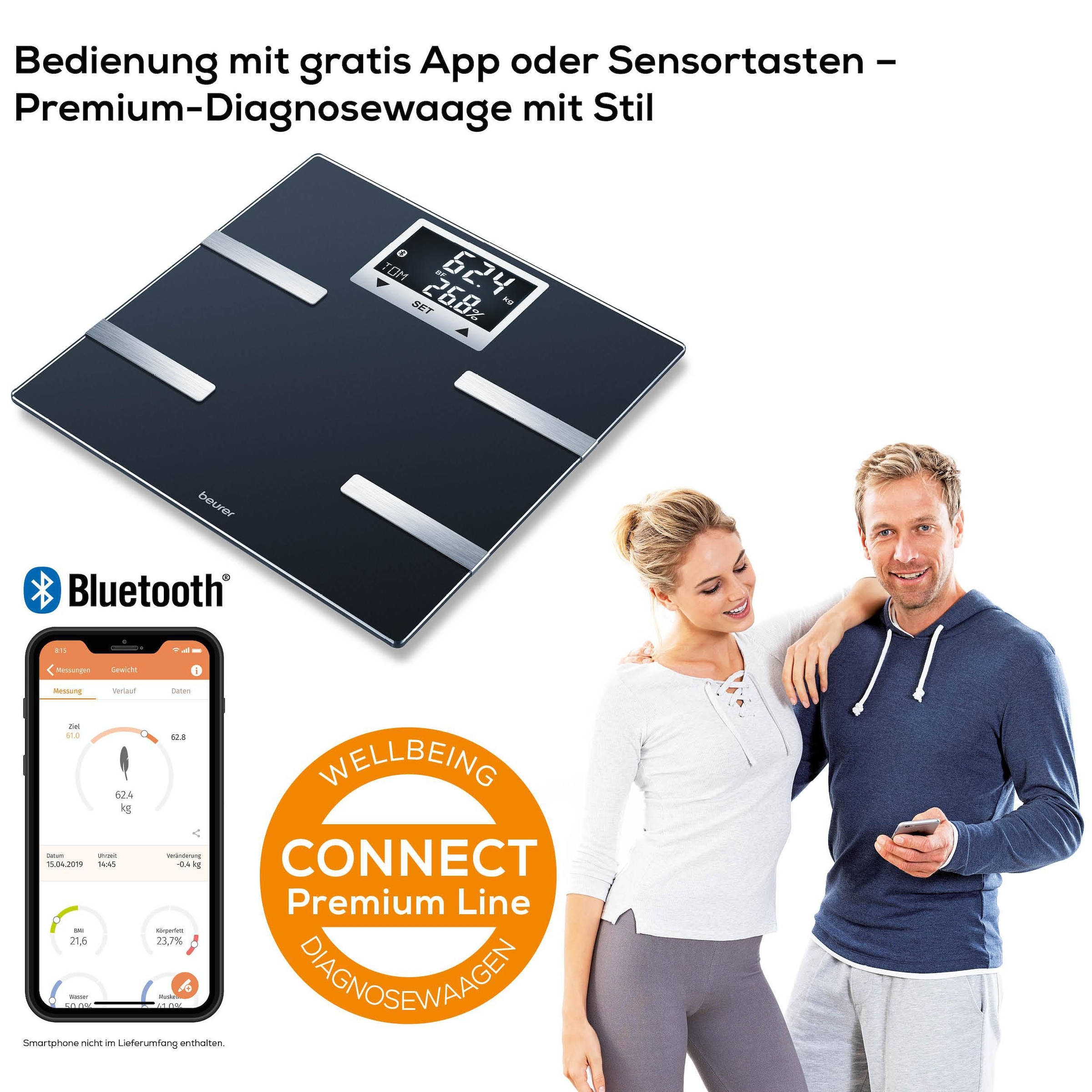 BEURER Körper-Analyse-Waage »BF 720 Messung von Körperfett, Muskelanteil, Kalorienanzeige usw.« Körperanalyse, mit App zur Übertragung und Tracking der Messwerte
