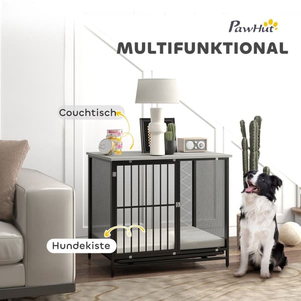 Hundebur til hjemmet, låsbar hundekennel med pute, hundebur med paller, hundehus for mellomstore hunder under 20 kg, grå, 88 x 55 x 71 cm