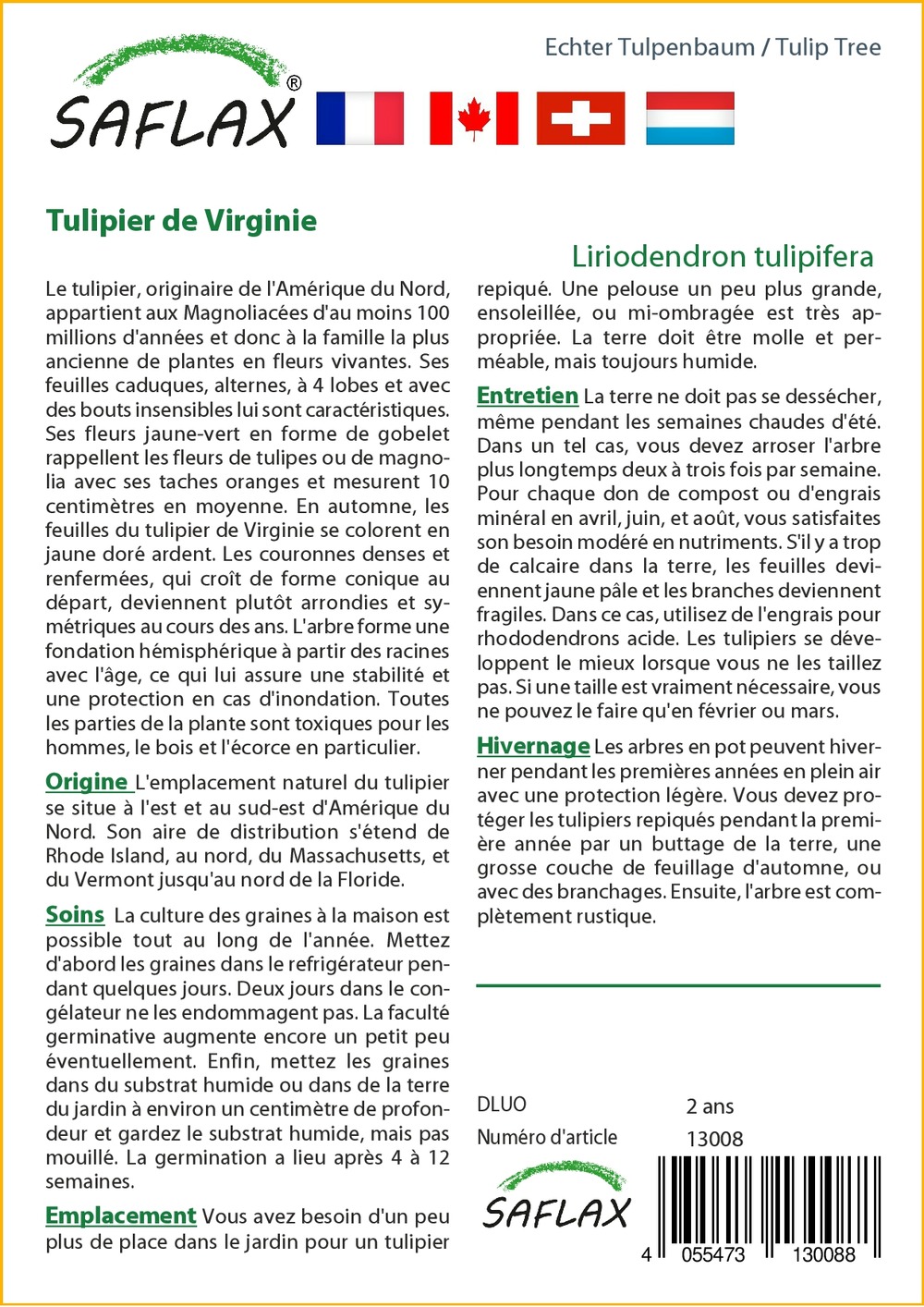 Kit cadeau - tulipier de virginie - 20 graines - liriodendron tulipifera