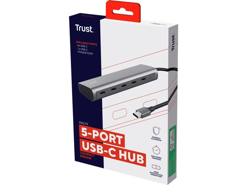 Trust Halyx USB-C-Hub mit 5 Ports Aluminium-USB-C-Hub für vier zusätzliche USB-C-Anschlüsse