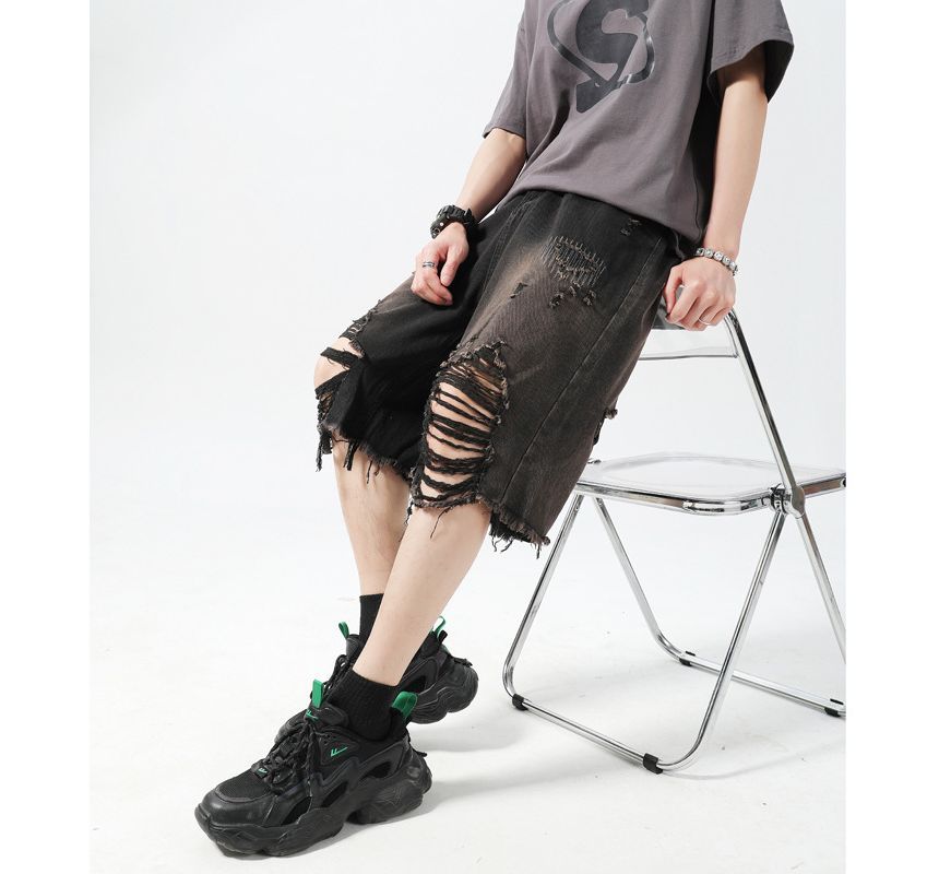Hushgrain - Mid Rise Washed Distressed Denim Shorts