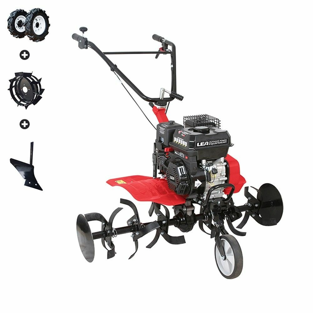 Pack motobineuse thermique 212cc roues charrue 2 av 1 ar travail 105cm lea