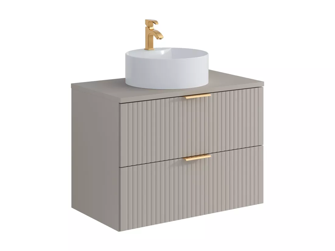 Meuble de salle de bain suspendu strié avec vasque à poser ronde - Beige - 80 cm - ZEVARA