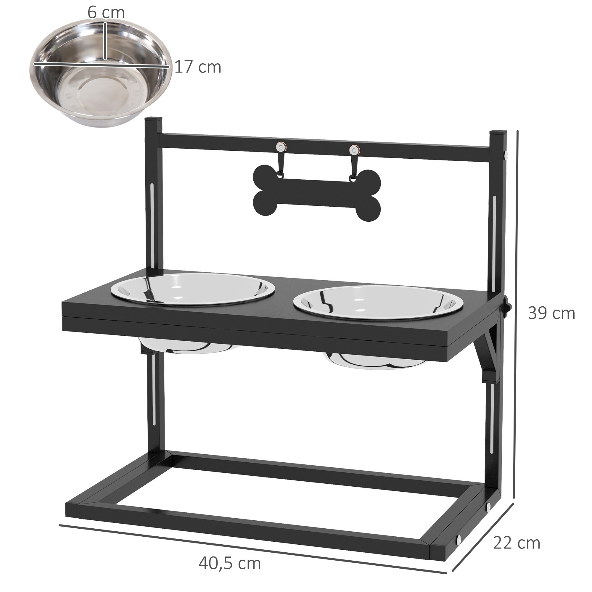 PawHut Futterstation mit individueller Höhenanpassung und selbst personalisierbarem Namensschild schwarz 40,5L x 22B x 39H cm