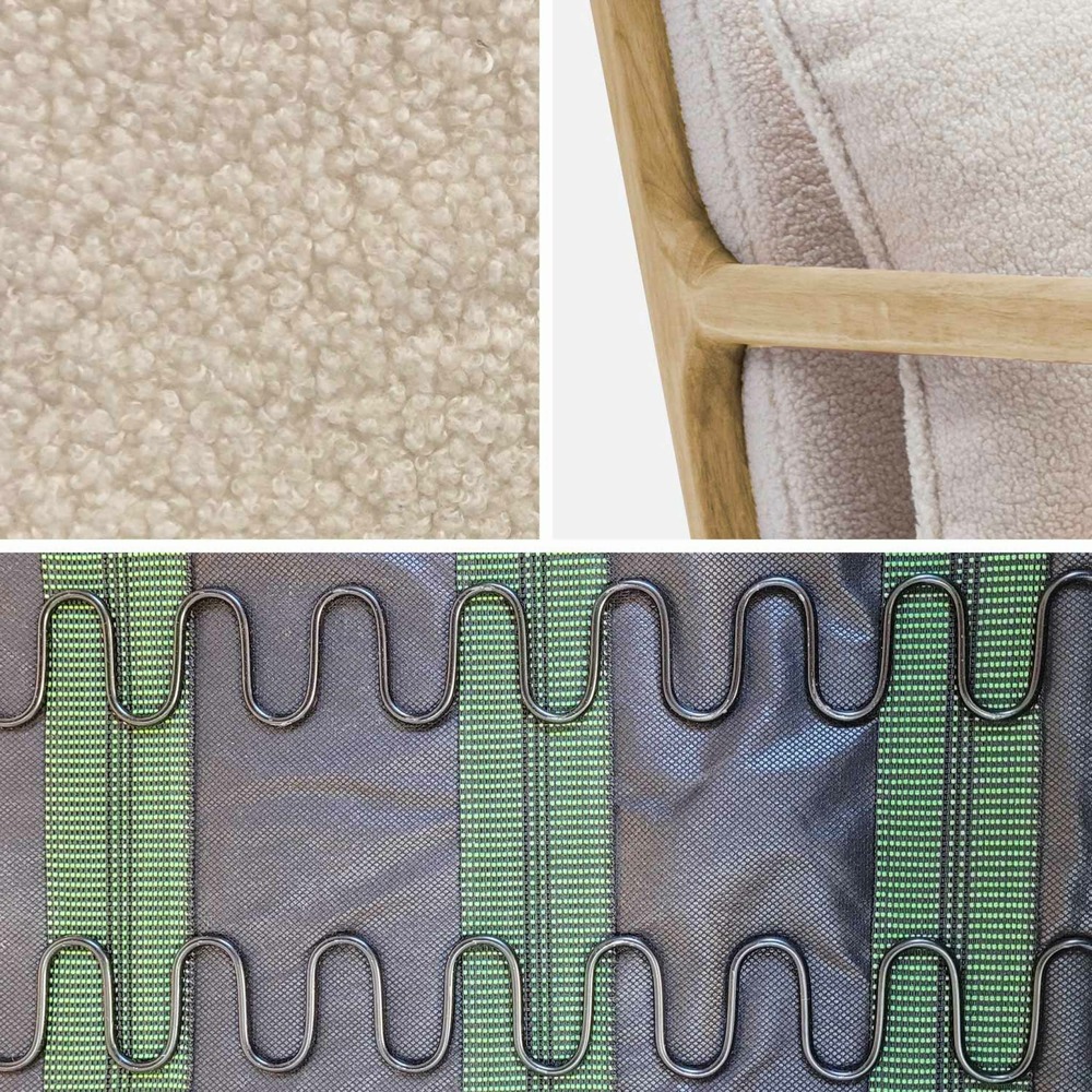 Fauteuil à bouclettes blanches. Bois et tissu. 1 place droit fixe. Pieds compas scandinave. Structure en bois solide. Assise