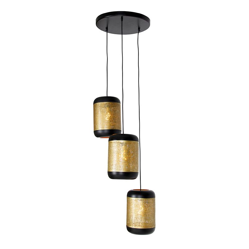 Vintage hanglamp zwart met messing rond 3-lichts - Kayleigh
