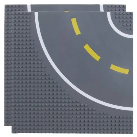 Strictly Briks Grundplatten 2 Stück, je ca. 25 x 25 cm, 32 x 32 Noppen, aufgedruckte Kurve mit Fahrbahnbegrenzung