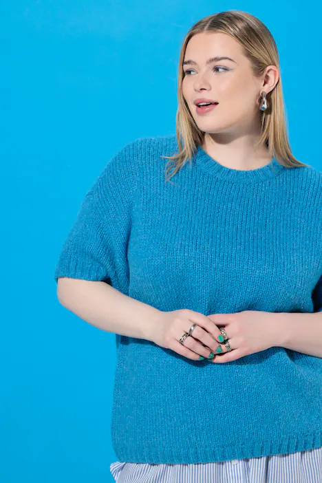 Pullover, Oversize Shape, Fancy-Strick, Halbarm, türkisblau
