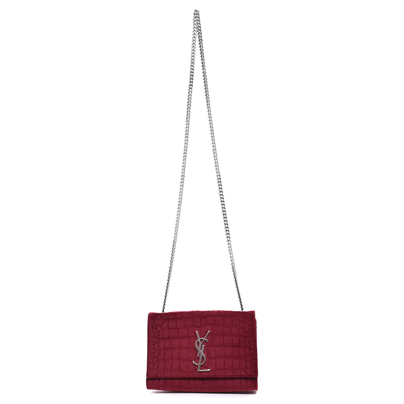 Saint Laurent Sac bandoulière Wallet on Chain Sunset en Velours embossé croco bordeaux - Très bon état - L.20 cm