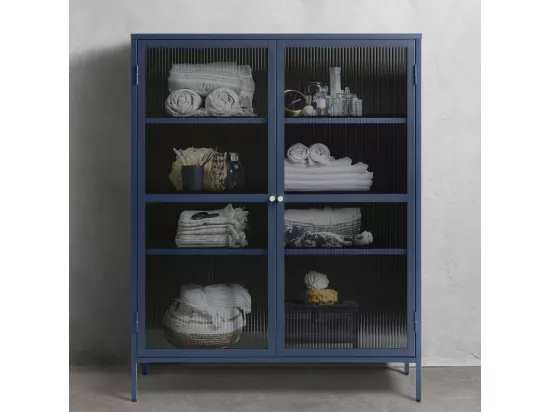 Bjorn - Vaisselier 2 portes en verre strié et métal H140cm - Bleu