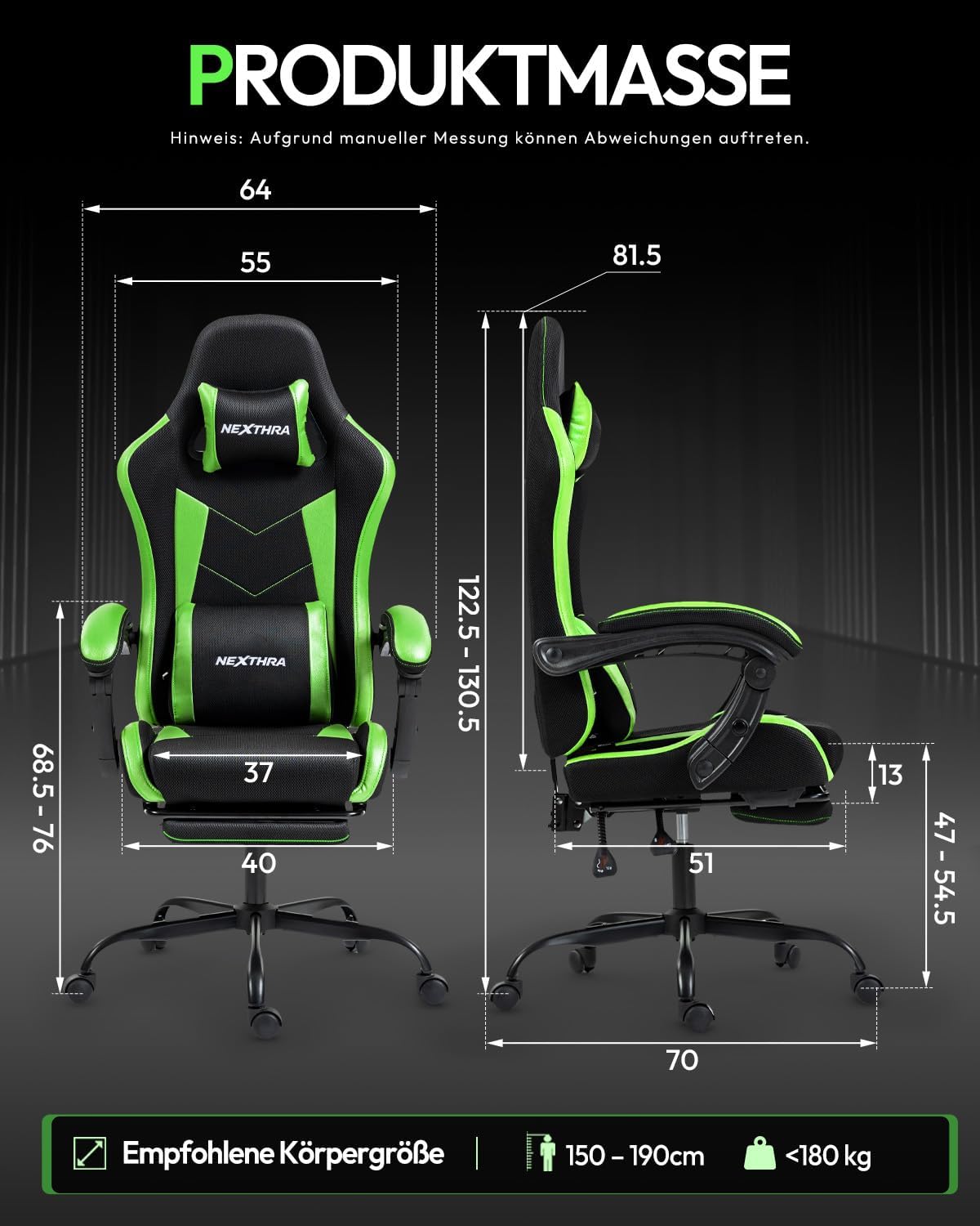 Nexthra Gaming Stuhl Bürostuhl Gaming Sessel mit höhenverstellbaren Linkage-Armlehnen, ergonomischer Gamer Stuhl mit Fußstütze, gepolstert Gaming Chair 150° neigbar bis 180 kg, Grün