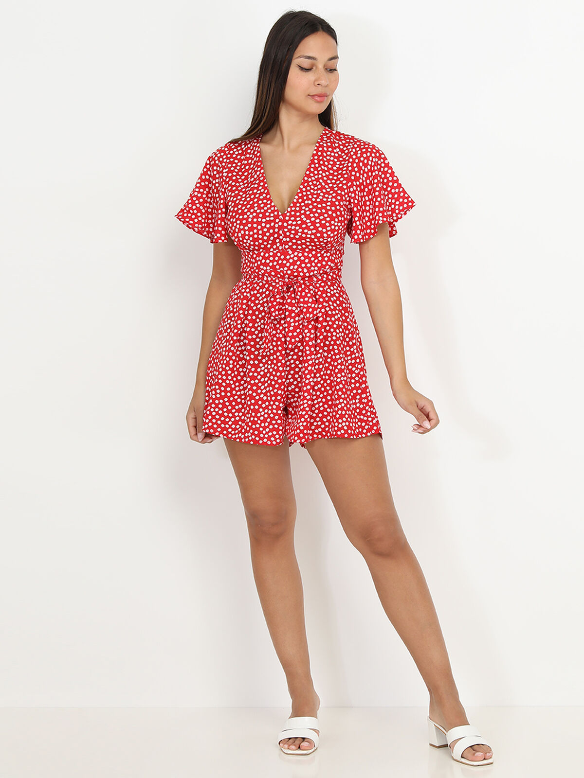 Combi-short fluide à fleurs- Rouge