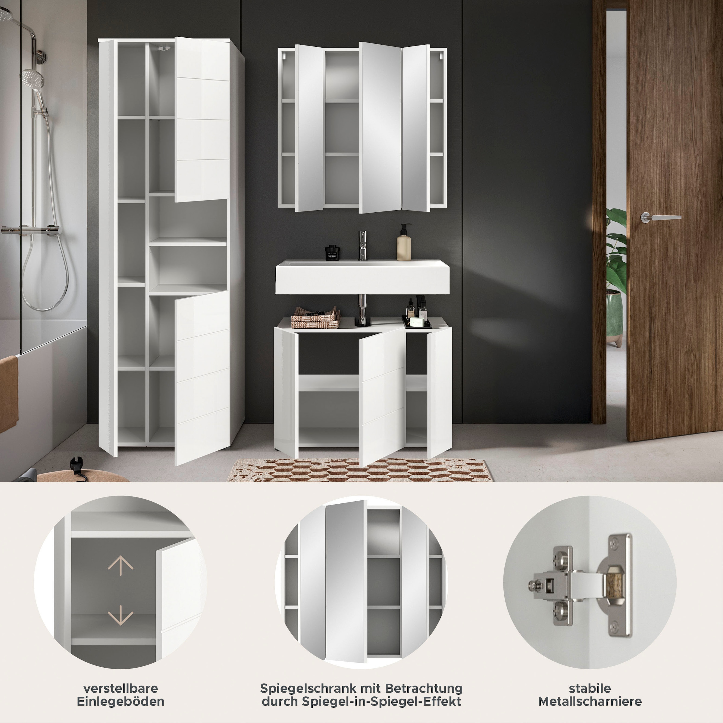 welltime Badmöbel-Set »Biel, Höhe 190 cm, Hochschrank, Unterschrank, Spiegelschrank« 3 Stk. tlg.